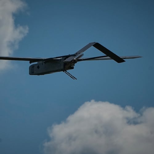 FILE - A Ukrainian FP-1 long-range attack drone is launched at an undisclosed location in Ukraine, Sunday, Aug. 16, 2026. (AP Photo/Efrem Lukatsky, File)