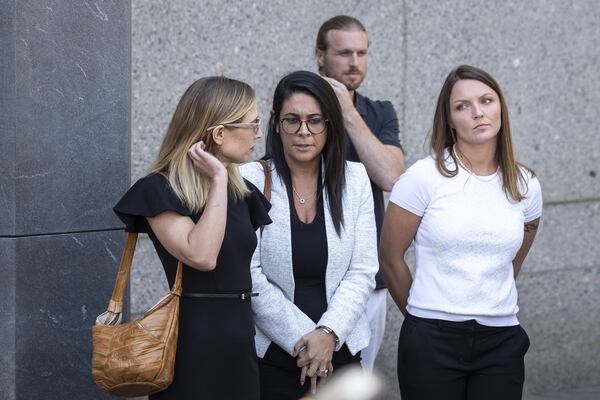 Annie Farmer (left) and Courtney Wild (right), two of Jeffrey Epstein’s alleged victims, after a July 15, 2019, federal court hearing in New York. (Photo by Drew Angerer/Getty Images)