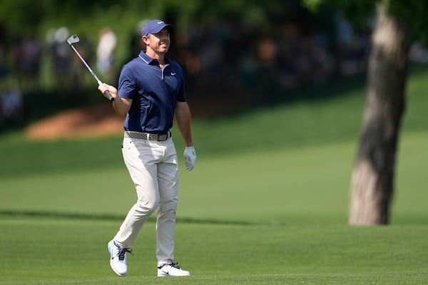 Rory McIlroy, of Northern Ireland, hits from the fairway on the 16th hole during the third round of the PGA Championship golf tournament at the Quail Hollow Club, Saturday, May 17, 2025, in Charlotte, N.C. (AP Photo/George Walker IV)