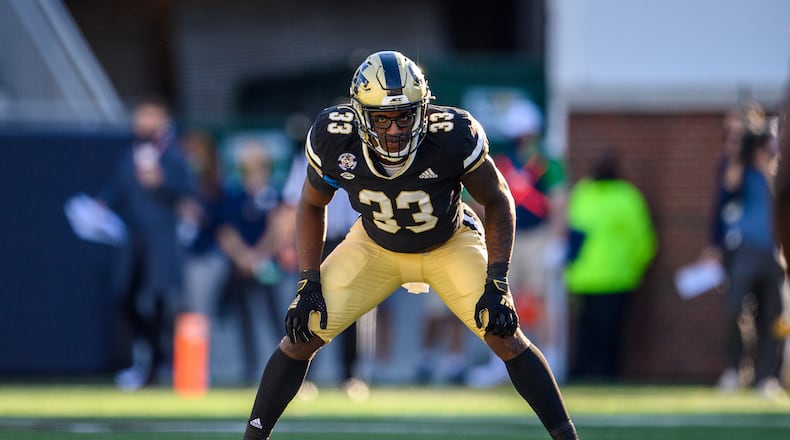 Georgia Tech linebacker Tyson Meiguez on the field for the Yellow Jackets' game against Notre Dame Oct. 31, 2020 at Bobby Dodd Stadium. (Danny Karnik/Georgia Tech Athletics)