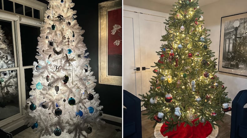 On the first floor of Holly Firfer Arnold's home, she puts up a white Hanukkah-inspired Christmas tree (left), decorated with blue ornaments -- blue and white being recognized colors for Hanukkah decorations. In the basement, she puts up a traditional Christmas tree (right). She and her husband Shawn Arnold are a mixed-faith couple who celebrate Chrismakkuh, a fusion holiday that honors both of their religious backgrounds.