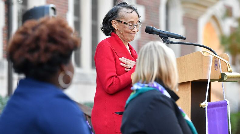 Edna Lowe Swift, the first Black graduate of Agnes Scott College, speaks during a ceremony on Nov. 17, 2021 to celebrate the 50th anniversary of her role in the school's history. (Hyosub Shin / hyosub.shin@ajc.com)
