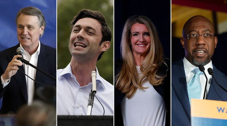 The Jan. 5 Senate runoffs will have Sen. David Perdue (from left) vs Jon Ossoff, and Sen. Kelly Loeffler vs. the Rev. Raphael Warnock.