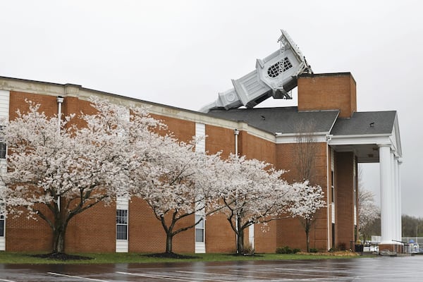 Weekend storms that toppled the steeple at Grace Baptist Church in Franklin, Ohio, is seen Monday, March 31, 2025. (Nick Graham/Dayton Daily News via AP)
