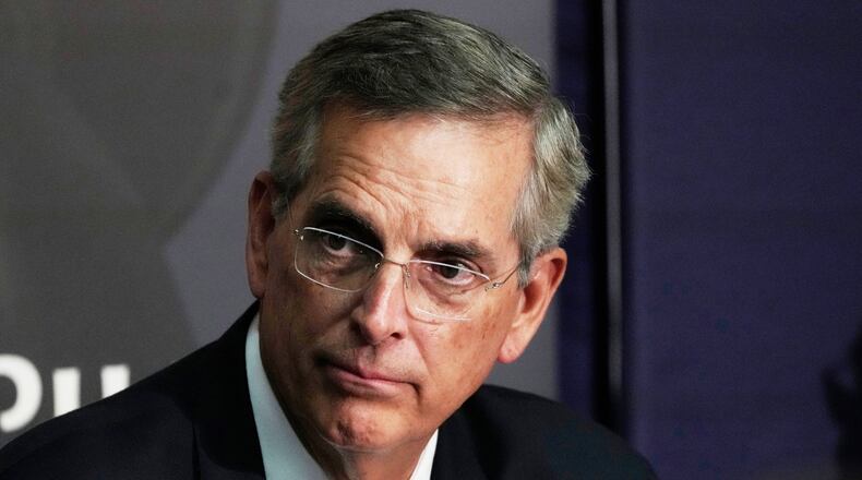 FILE - Georgia Secretary of State Brad Raffensperger participates in an election forum, Sept. 19, 2024, in Ann Arbor, Mich. (AP Photo/Carlos Osorio, File)