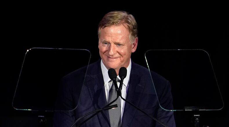National Football League commissioner Roger Goodell speaks during the Pro Football Hall of Fame gold jacket dinner in Canton, Ohio, Friday, Aug. 7, 2026. (AP Photo/Sue Ogrocki)