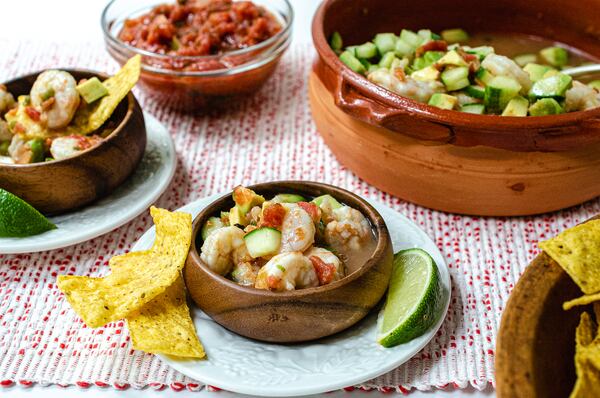 Quick and easy Mexican style shrimp ceviche with tortilla chips and salsa.
(Virginia Willis for The Atlanta Journal-Constitution)