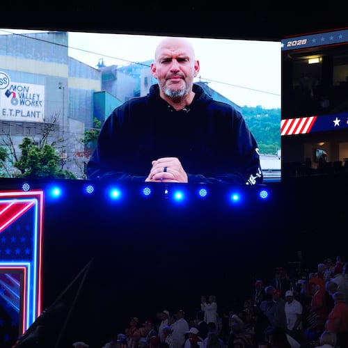 A video featuring Sen. John Fetterman, D-Pa., plays at the Republican convention Wednesday, Sept. 9, 2026, in Dallas. (AP Photo/Alex Brandon)