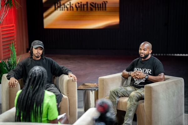 Revolt CEO Detavio Samuels (right) and Combs Global Chief Brand Officer Deon Graham chat on the set of "Black Girl Stuff" at Revolt headquarters in Atlanta. Photo: Courtesy of Sidd Stamps