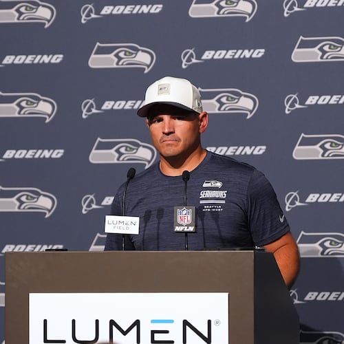 Seattle Seahawks head coach Mike Macdonald speaks during a press availability after the NFL football team's training camp, Saturday, Aug. 8, 2026, in Seattle. (AP Photo/Lindsey Wasson)