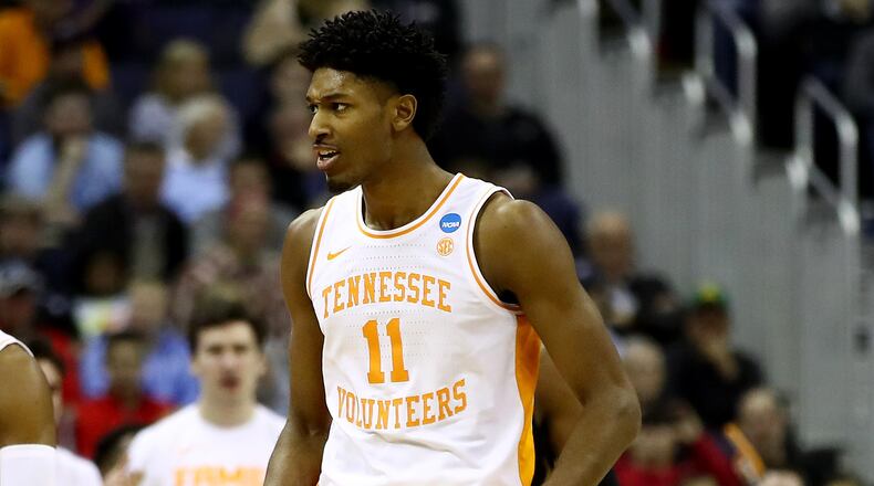 Kyle Alexander of the Tennessee Volunteers reacts to a play against the Iowa Hawkeyes during their game in the Second Round of the NCAA Basketball Tournament at Nationwide Arena on March 24, 2019 in Columbus, Ohio. (Photo by Gregory Shamus/Getty Images)