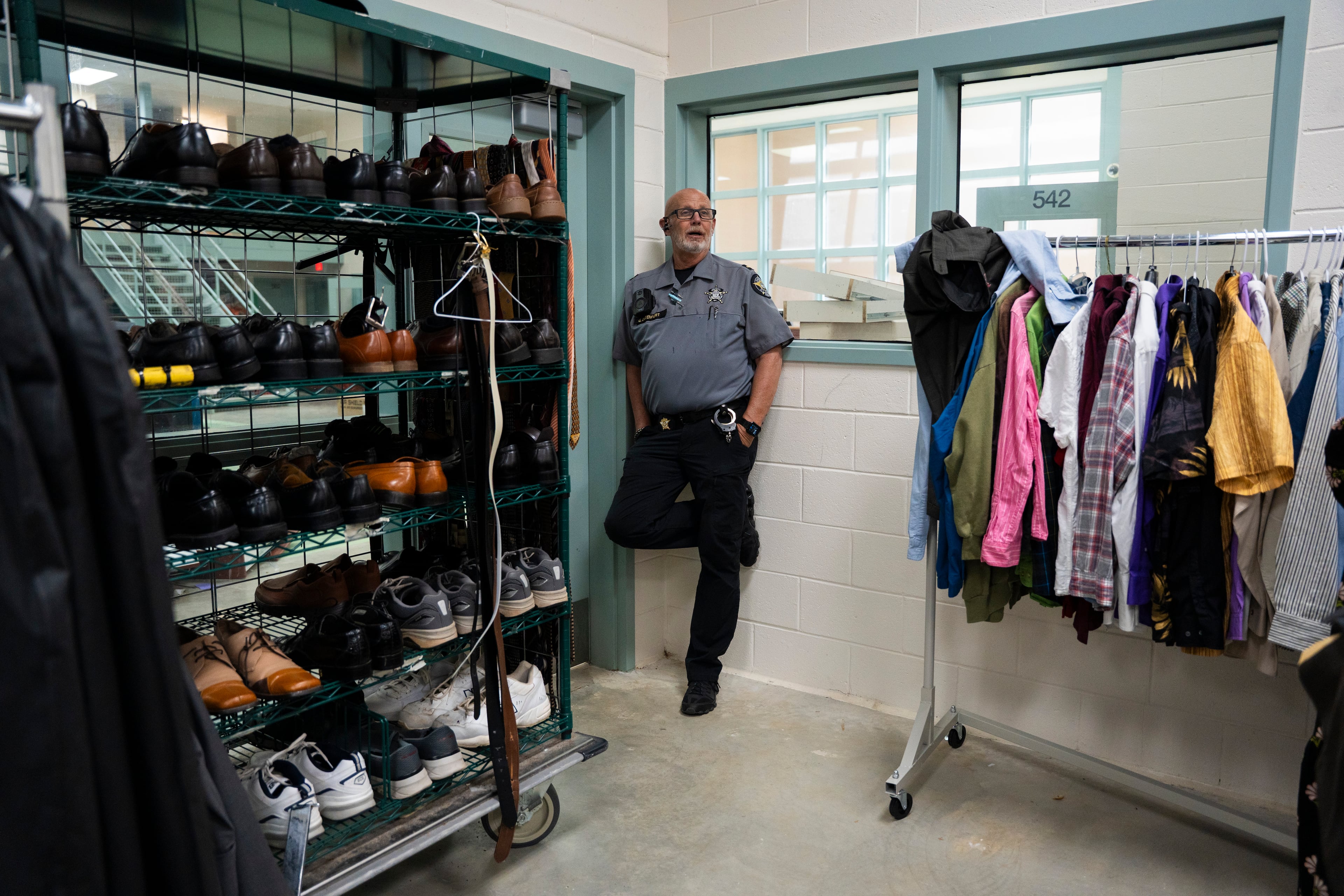 Lt. Gary Davenport stands in the clothes closet for outgoing inmates in the Athens-Clarke County Jail, Wednesday, May 14, 2025. (Olivia Bowdoin for the AJC).