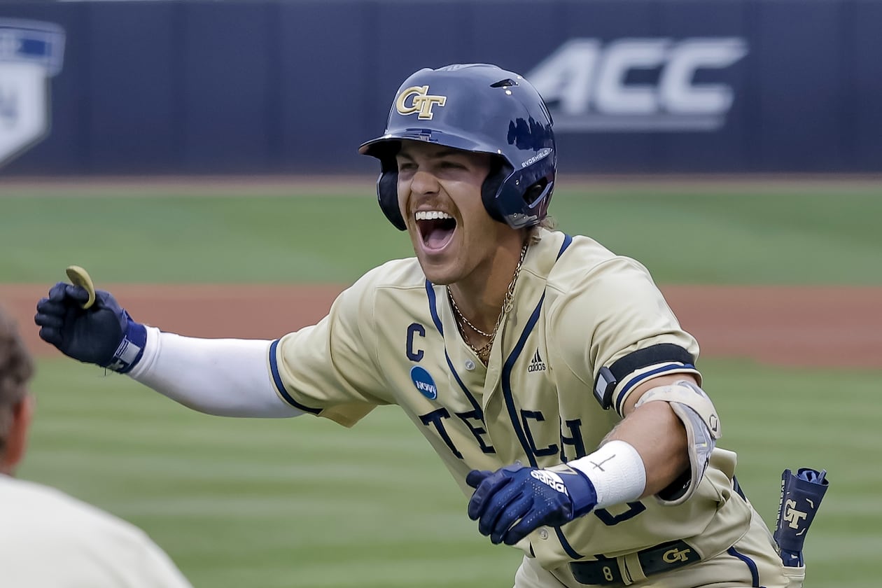 Georgia Tech's Drew Burress (right) celebrates after hitting a two-run home run against Oklahoma during the first inning the NCAA D1 Atlanta Regional elimination baseball game at Russ Chandler Stadium, Sunday, May 31, 2026, in Atlanta. (Erik S. Lesser for the AJC)