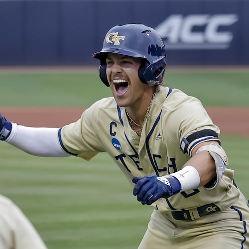 Georgia Tech's Drew Burress (right) celebrates after hitting a two-run home run against Oklahoma during the first inning the NCAA D1 Atlanta Regional elimination baseball game at Russ Chandler Stadium, Sunday, May 31, 2026, in Atlanta. (Erik S. Lesser for the AJC)