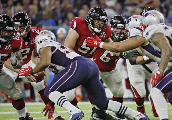  FEBRUARY 5, 2017 HOUSTON TX - Falcons center Alex Mack (51) was playing with a fractured leg. The Atlanta Falcons lost to the New England Patriots in overtime, 34-28, in Super Bowl LI at NRG Stadium in Houston, TX, Sunday, February 5, 2017. Bob Andres/AJC