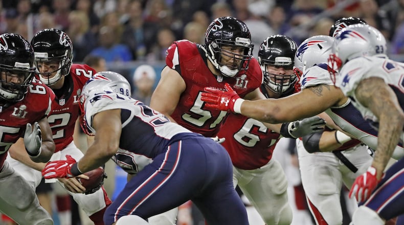 FEBRUARY 5, 2017 HOUSTON TX - Falcons center Alex Mack (51) was playing with a fractured leg. The Atlanta Falcons lost to the New England Patriots in overtime, 34-28, in Super Bowl LI at NRG Stadium in Houston, TX, Sunday, February 5, 2017. Bob Andres/AJC