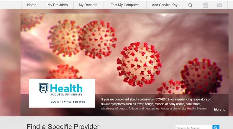 A screen grab of the desktop version of the AU Health ExpressCare app, a screening tool launched statewide to help Georgians access testing for the coronavirus.