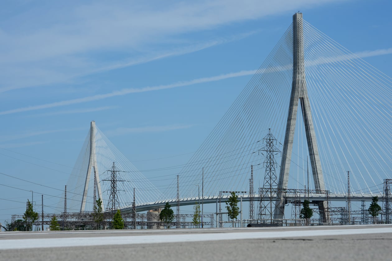 The Gordie Howe International bridge connects Detroit and Windsor, Ontario is shown Friday, July 24, 2026, in Windsor. (AP Photo/Paul Sancya)
