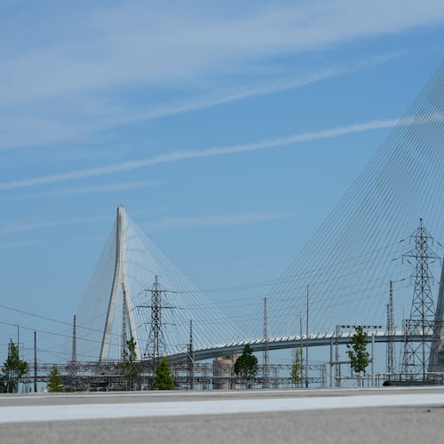The Gordie Howe International bridge connects Detroit and Windsor, Ontario is shown Friday, July 24, 2026, in Windsor. (AP Photo/Paul Sancya)