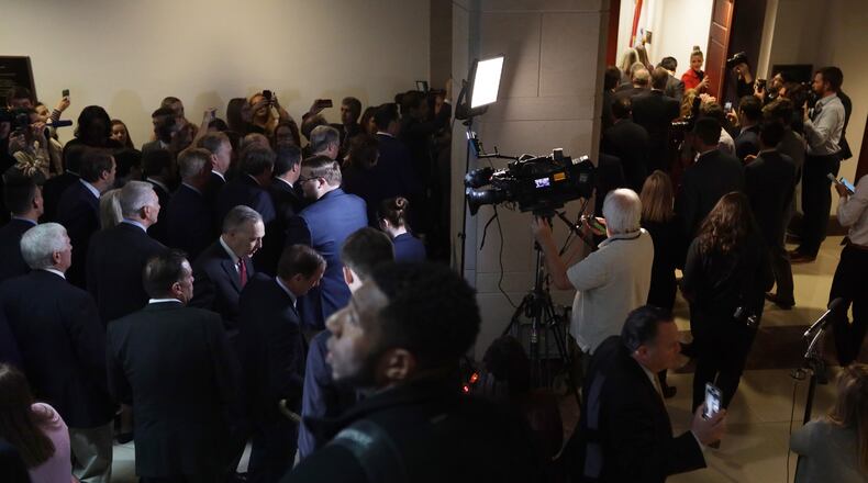About two dozen House Republicans enter a sensitive compartmented information facility (SCIF) in the U.S. Capitol on Oct. 23, 2019 . (Photo by Alex Wong/Getty Images)