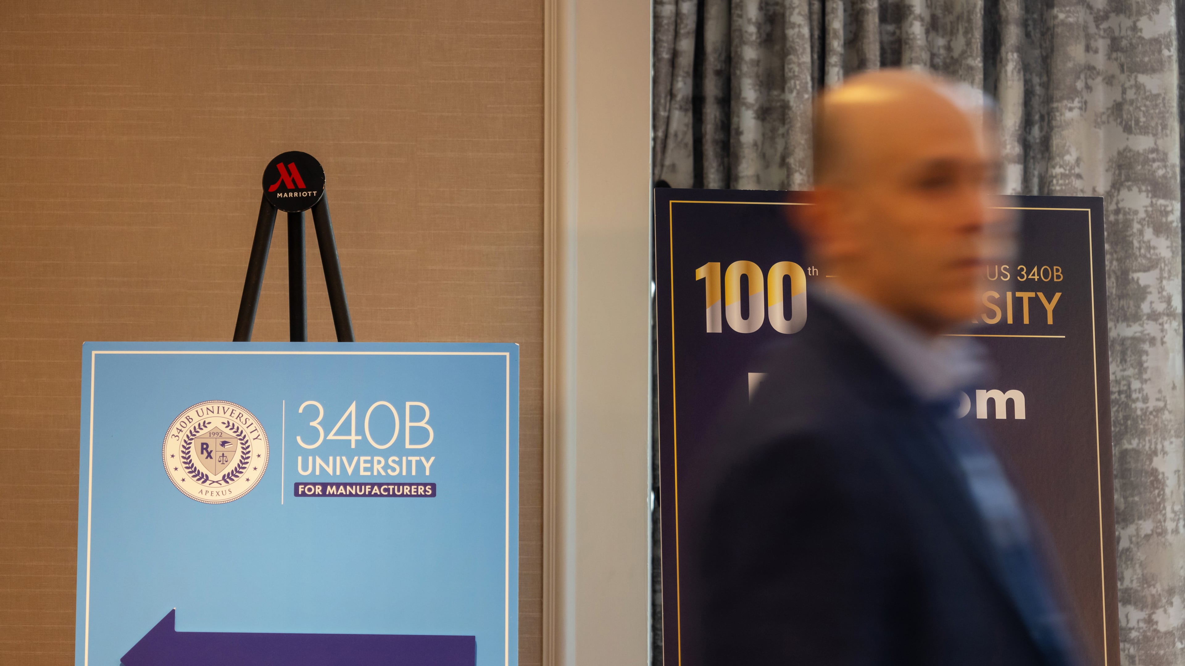 Signage for a “340B University” event held by Apexus in New Orleans, Dec. 9, 2024. Apexus holds “340B University” events to help industry employees understand the federal discount program. (Kathleen Flynn/The New York Times)