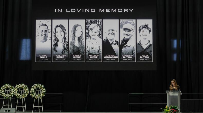 FILE - Jordyn Biffle, sister of Greg Biffle, speaks at the memorial service for Biffle and his family in Charlotte, N.C., Jan. 16, 2026. (AP Photo/Nell Redmond, File)