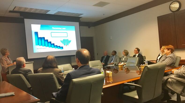 Gwinnett County financial services director Maria Woods, far left, presents an outline of Chairman Charlotte Nash's proposed 2017 budget on Tuesday. TYLER ESTEP / TYLER.ESTEP@AJC.COM