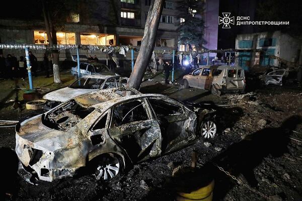In this photo, provided by the Ukrainian Emergency Service, firefighters extinguish fire following a Russian attack in Dnipro, Thursday, April 17, 2025. (Ukrainian Emergency Service via AP)