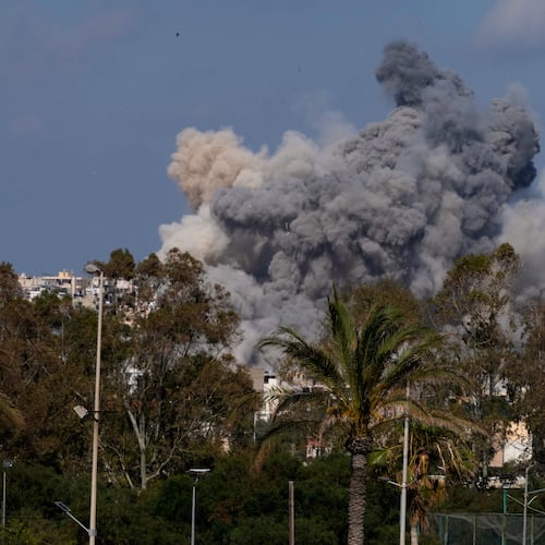 Smoke rises from an Israeli airstrike that hit Burj al-Shamali village near the southern port city of Tyre, Lebanon, Tuesday, June 2, 2026. (AP Photo/Mohammed Zaatari)