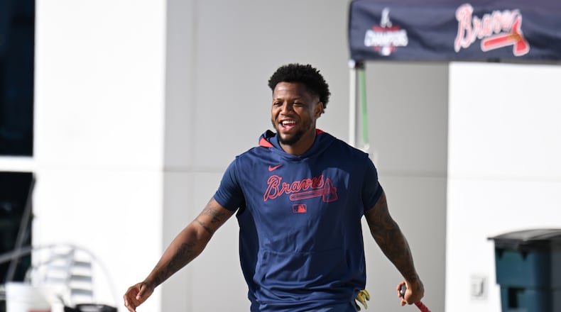 Atlanta Braves outfielder Ronald Acuna Jr. prepares for indoor batting practice during the first full-squad spring training workouts at CoolToday Park, Tuesday, February 18, 2025, North Port, Florida. (Hyosub Shin / AJC)