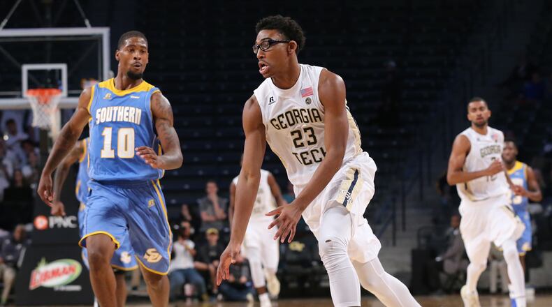 Georgia Tech forward Christian Matthews drives against Southern Jaguars Shawn Prudhomme in an NCAA college basketball game at McCamish Pavilion on Monday, Nov. 14, 2016, in Atlanta. Curtis Compton/ccompton@ajc.com