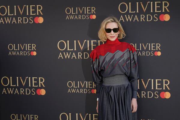 Cate Blanchett poses for photographers upon arrival at the Olivier Awards on Sunday, April 6, 2025, in London. (Photo by Alberto Pezzali/Invision/AP)
