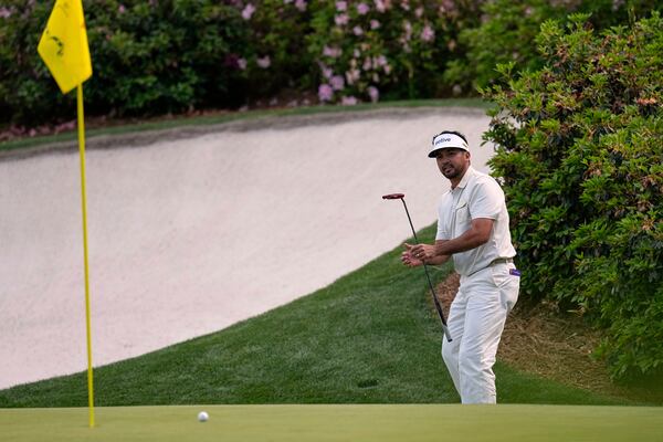 Jason Day, of Australia, reacts after missing a putt on the 13th hole during the third round at the Masters golf tournament, Saturday, April 12, 2025, in Augusta, Ga. (AP Photo/David J. Phillip)
