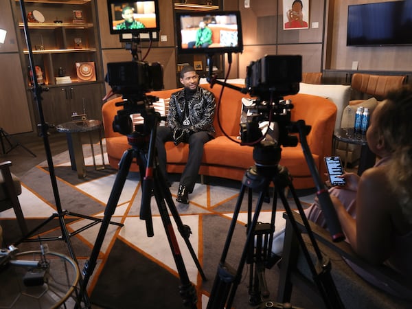 Usher speaks with The Atlanta Journal-Constitution's reporter DeAsia Paige about his homecoming, new album and new marriage at Thompson Atlanta – Buckhead on Wednesday, February 14, 2024. (Tyson A. Horne/AJC)