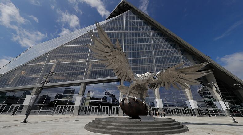 ATLANTA, GA - AUGUST 15: A general view from outside Mercedes-Benz Stadium during a walkthrough tour on August 15, 2017 in Atlanta, Georgia. (Photo by Kevin C. Cox/Getty Images)