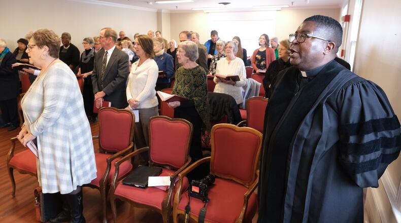 Dr. Sargent Nelson, far right,  sings with the congregation at the beginning of the service at the New Thomson United Methodist Church in Thomson, GA, on Sunday, February 18, 2024. (Nell Carroll for The Atlanta Journal-Constitution)