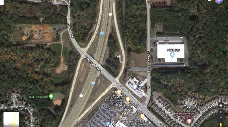 Cherokee County's plans for future improvements to Ridgewalk Parkway at I-575 in Woodstock will call for a diverging diamond interchange to replace a conventional diamond interchange.