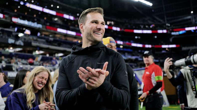 Injured quarterback Kirk Cousins (8) of the Minnesota Vikings is seen on the sideline prior to a game against the Green Bay Packers at U.S. Bank Stadium on Dec. 31, 2023, in Minneapolis. (Stephen Maturen/Getty Images/TNS)