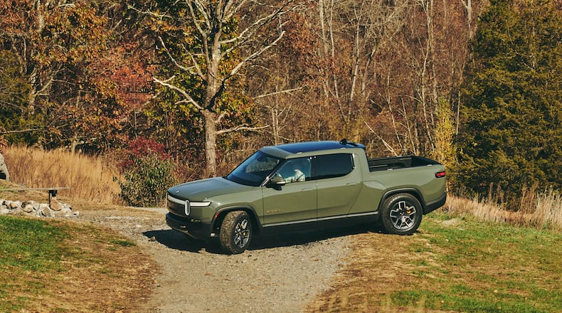 The Rivian R1T electric truck in Pound Ridge, N.Y., Nov. 9, 2021. Rivian faces fierce competition in the market for electric trucks, but analysts rave about its vehicles and financial backing. (Bryan Derballa/The New York Times)