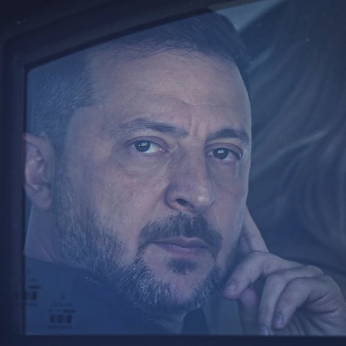 Ukraine's President Volodymyr Zelenskyy looks out from his car window as he arrives for the NATO summit in Ankara, Turkey, Tuesday, July 7, 2026. (Metin Aktaş, Pool Photo via AP)