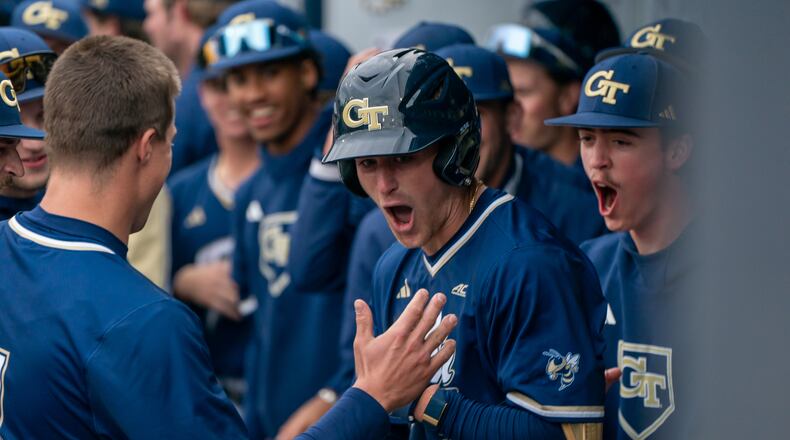 Georgia Tech shortstop Kyle Lodise celebrates with teammates in a game against Kennesaw State at Russ Chandler Stadium, March 4, 2025. (Cooper Hill Photography)