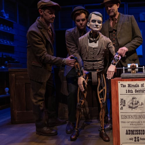 Large-scale puppetry is used to tell the story of “Tesla vs. Edison” at the Center for Puppetry Arts continuing through Sunday, Aug. 23. (Courtesy of Stacey Bode/Center for Puppetry Arts)