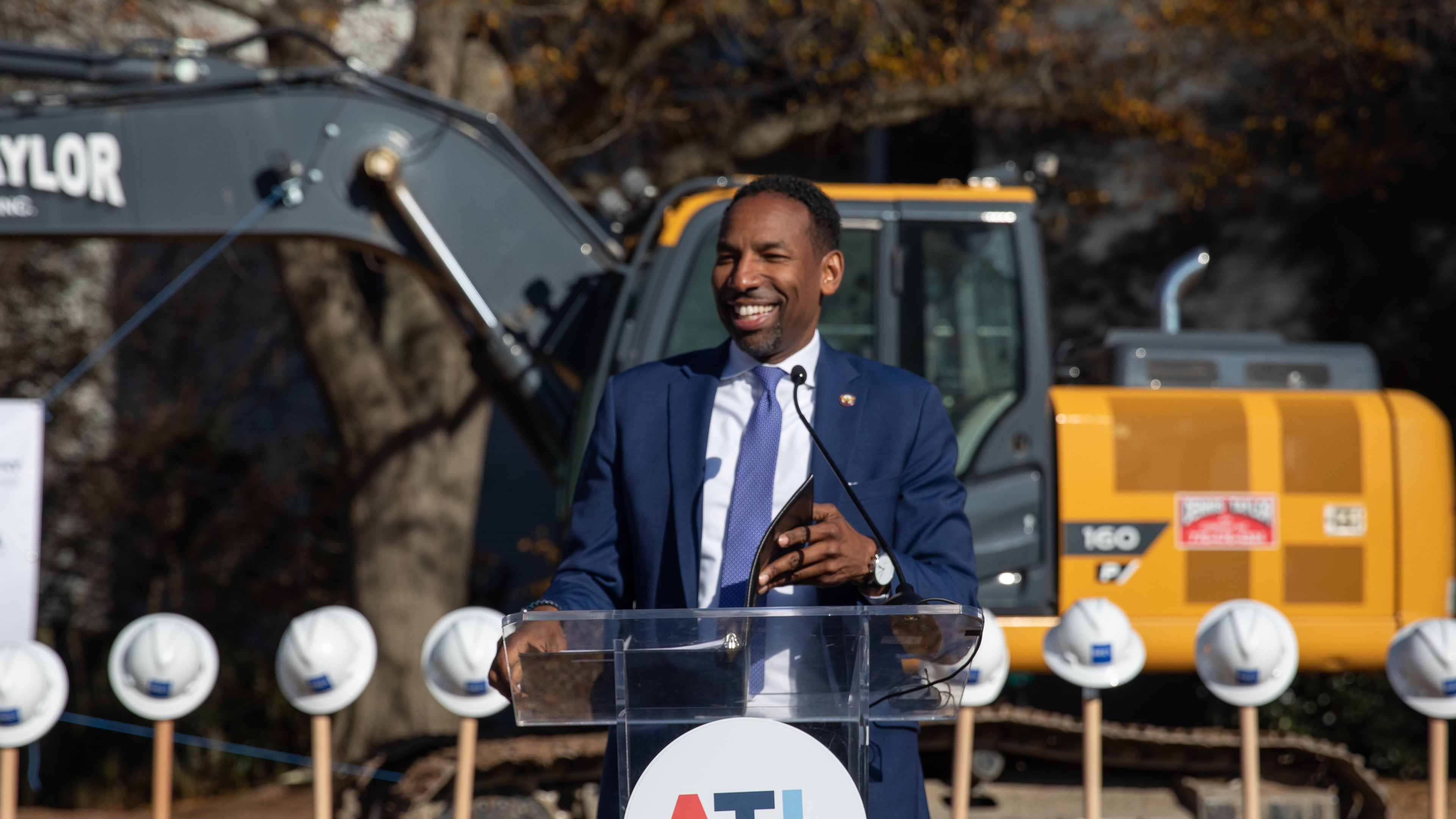 Atlanta Mayor Andre Dickens gives remarks during the groundbreaking of the Waterworks Development, a rapid housing project in West Midtown. (Riley Bunch/AJC)