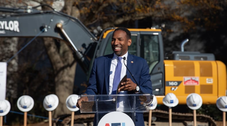 Atlanta Mayor Andre Dickens gives remarks during the groundbreaking of the Waterworks Development, a rapid housing project in west midtown, on Dec. 19, 2024. (Riley Bunch/AJC)