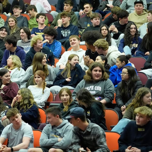 Students discuss ways to prevent school shootings during a presentation of Sandy Hook Promise's "Say Something" program at Hanover High School, Wednesday, March 25, 2026, in Hanover, Mass. (AP Photo/Robert F. Bukaty)