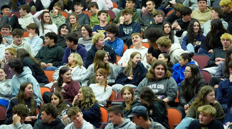 Students discuss ways to prevent school shootings during a presentation of Sandy Hook Promise's "Say Something" program at Hanover High School, Wednesday, March 25, 2026, in Hanover, Mass. (AP Photo/Robert F. Bukaty)