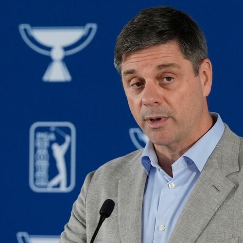 FILE - PGA Tour CEO Brian Rolapp speaks before a practice round of the Tour Championship golf tournament, Wednesday, Aug. 20, 2025, in Atlanta. (AP Photo/Mike Stewart, File)