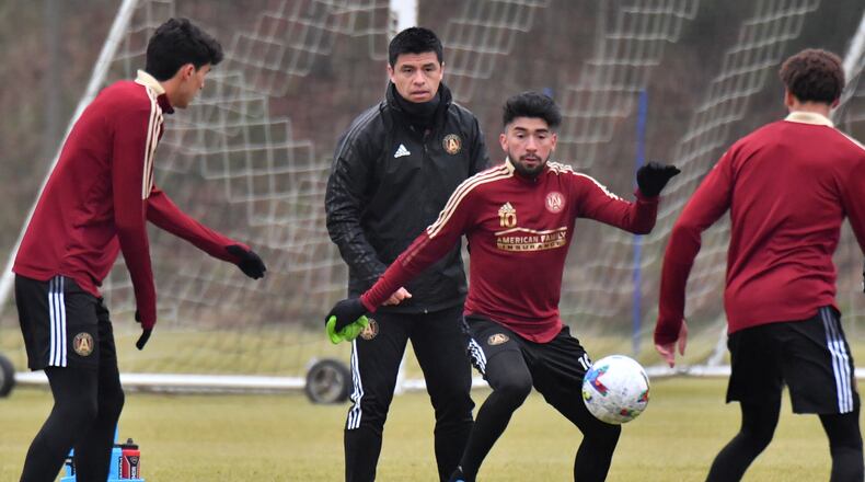 Atlanta United midfielder Marcelino Moreno (10) works with the ball during team training at Children's Healthcare of Atlanta Training Ground in Marietta on Friday, January 21, 2022. (Hyosub Shin / Hyosub.Shin@ajc.com)