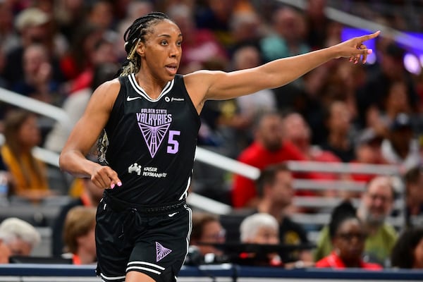 Golden State Valkyries' Kayla Thornton reacts during the second half of a WNBA basketball game against the Indiana Fever, Wednesday, July 9, 2025, in Indianapolis. (AP Photo/Doug McSchooler)