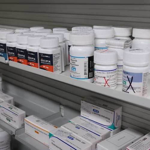 Bottles of medications sit on shelves at the Stormont Vail Retail Pharmacy in Topeka, Kan., Tuesday, June 2, 2026. (AP Photo/John Hanna)